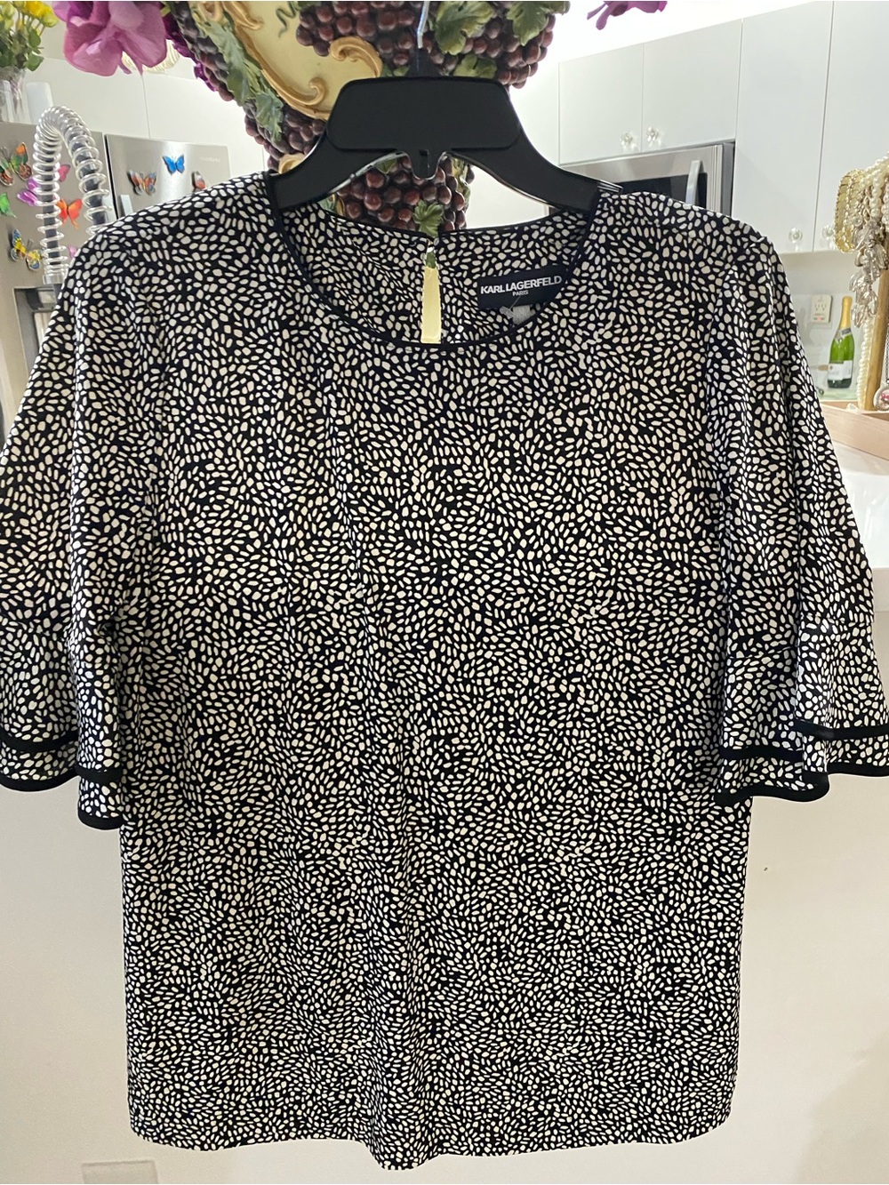 Karl Lagerfeld Black and White Dot-Print Short Sleeve Blouse